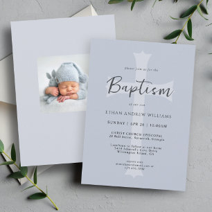Invitation Baptême Moderne de Bébé à la Croix Bleue avec Phot
