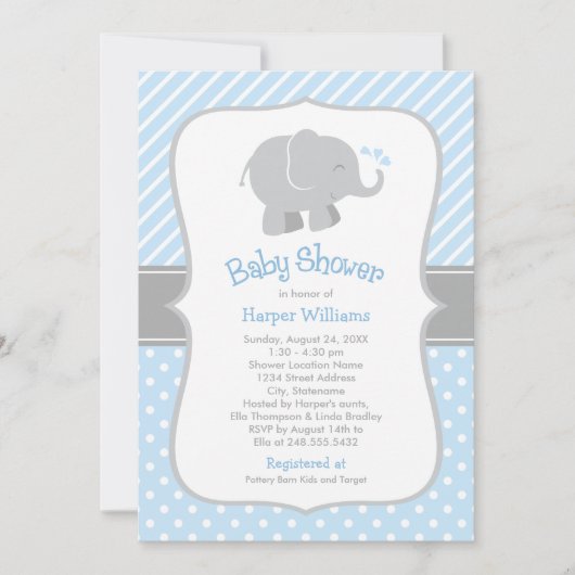 Invitation Baptême Moderne de Bébé Garçon à l'Éléphant Bleu (Devant)
