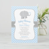 Invitation Baptême Moderne de Bébé Garçon à l'Éléphant Bleu (Debout devant)