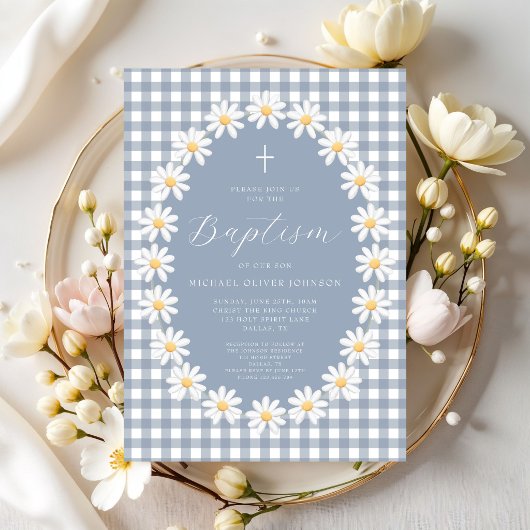 Invitation Baptême Moderne de Bébé Garçon avec Gingham Floral