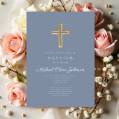 Invitation Baptême moderne Dusty Blue Religion Croix Boy Bapt