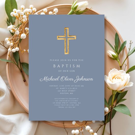 Invitation Baptême moderne Dusty Blue Religion Croix Boy Bapt