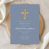 Invitation Baptême moderne Dusty Blue Religion Croix Boy Bapt