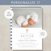 Invitation Baptême moderne Dusty Blue Stripes Croix Photo Boy