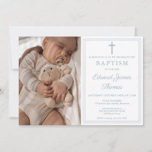 Invitation Baptême Moderne Élégant Bleu Poussiéreux Photo