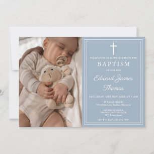 Invitation Baptême Moderne Élégant Bleu Poussiéreux Photo