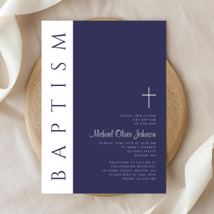 Invitation Baptême Moderne Élégant Croix Bleu Marine