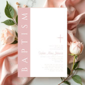 Invitation Baptême Moderne Élégant Rose Pâle Croix Fille