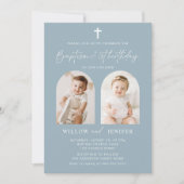 Invitation Baptême moderne et 1er anniversaire jumeaux garçon (Devant)