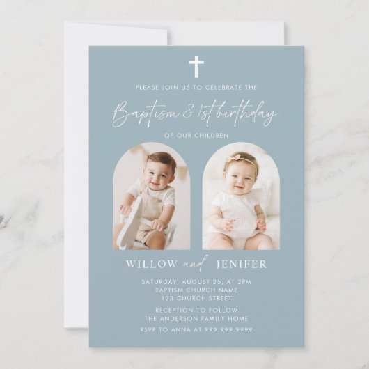 Invitation Baptême moderne et 1er anniversaire jumeaux garçon (Devant)