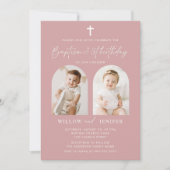 Invitation Baptême moderne et 1er anniversaire jumeaux garçon (Devant)