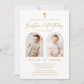 Invitation Baptême moderne et 1er anniversaire jumeaux garçon (Devant)