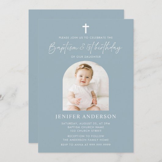 Invitation Baptême moderne et 1ère fille d'anniversaire (Devant / Derrière)