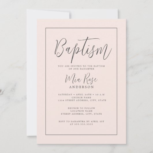 Invitation Baptême Moderne Fille Rose Douce (Devant)