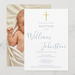 Invitation Baptême Moderne Ondoiement Bleu Poussiéreux Photo