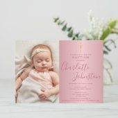 Invitation Baptême Moderne Rose Gold Script Photo (Debout devant)