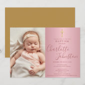 Invitation Baptême Moderne Rose Gold Script Photo (Devant / Derrière)