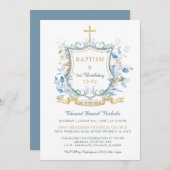 Invitation Baptême modifiable Monogramme bleu et or (Devant / Derrière)