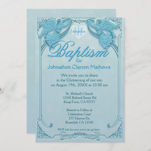 Invitation Baptême | Monogramme Angel (Devant / Derrière)