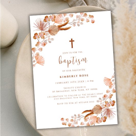 Invitation Baptême Neutre Petit Fleur sauvage Boho Cross