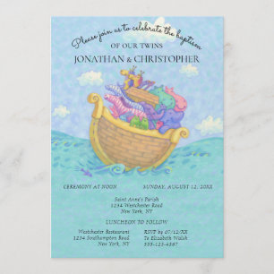 Invitation Baptême Noah's Ark Twins Baby Animals Blue