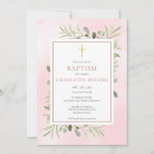 Invitation Baptême Ondine Aquarelle Verdure Or Rose (Devant)