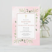 Invitation Baptême Ondine Aquarelle Verdure Or Rose (Debout devant)