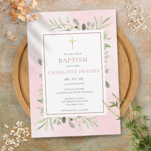 Invitation Baptême Ondine Aquarelle Verdure Or Rose