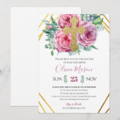 Invitation Baptême Or Floral Rose (Devant / Derrière)