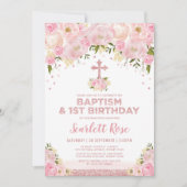 Invitation Baptême Or Rose Floral Joli Blush 1er Anniversaire (Devant)