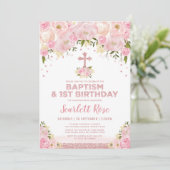 Invitation Baptême Or Rose Floral Joli Blush 1er Anniversaire (Debout devant)