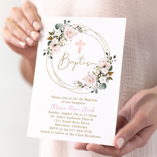 Invitation Baptême or rose pâle rose