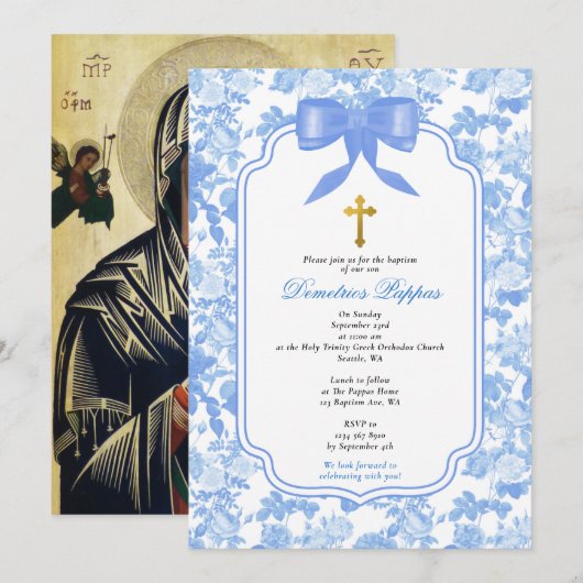 Invitation Baptême Orthodoxe Grec des Roses Bleues (Devant / Derrière)