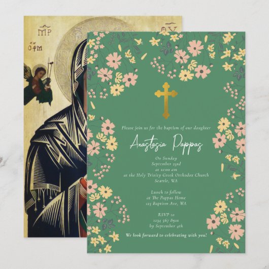Invitation Baptême Orthodoxe Grec Fleur Vert (Devant / Derrière)