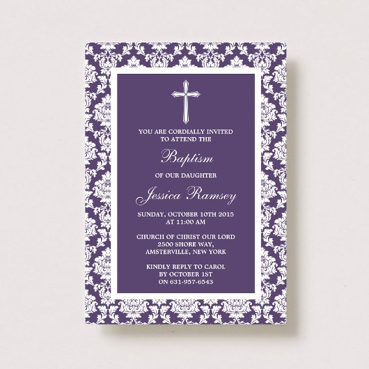 Invitation Baptême Ou Baptême De Croix De Damas Violet