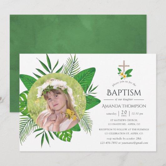 Invitation Baptême ou baptême des Feuilles tropicaux (Devant / Derrière)
