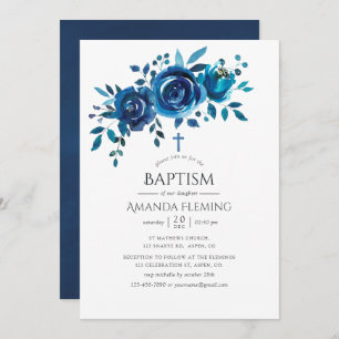 Invitation Baptême ou baptême floral blanc et marine