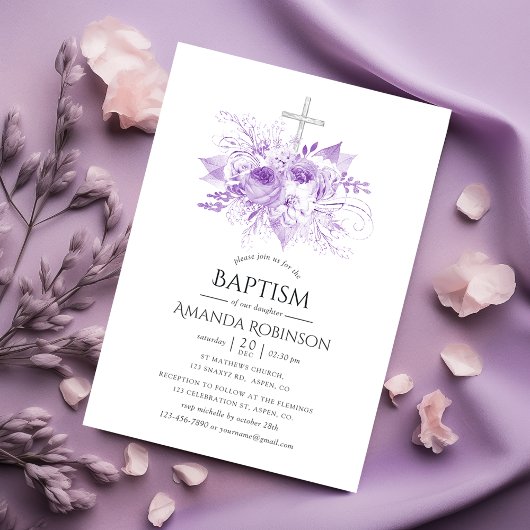 Invitation Baptême ou baptême floral Lilac et Argent