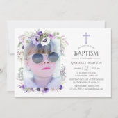 Invitation Baptême ou baptême floral violet poussiéreux (Devant)
