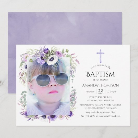 Invitation Baptême ou baptême floral violet poussiéreux (Devant / Derrière)