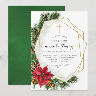 Invitation Baptême ou baptême géométrique de Noël floral
