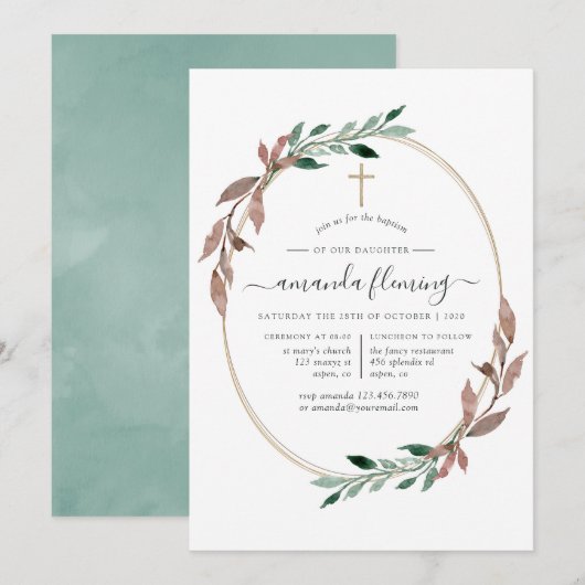 Invitation Baptême ou Christening d'hiver de verdure rustique (Devant / Derrière)