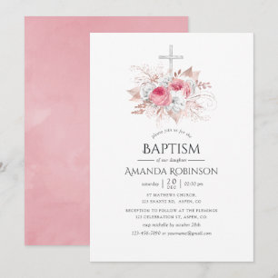 Invitation Baptême ou Christening floral rose et or rose
