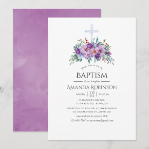 Invitation Baptême ou Christening Floral Violet