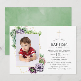 Invitation Baptême ou Christening géométrique succulent