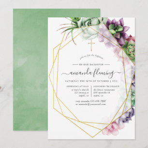 Invitation Baptême ou Christening géométrique succulent