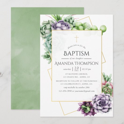 Invitation Baptême ou Christening géométrique succulent (Devant / Derrière)