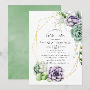 Invitation Baptême ou Christening Géométrique Succulent