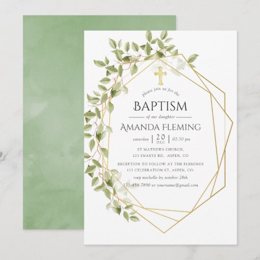 Invitation Baptême ou Christening géométrique verdure (Devant / Derrière)