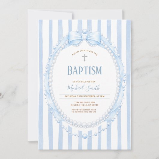 Invitation Baptême ovale Bow & Pearl pour garçon (Devant)